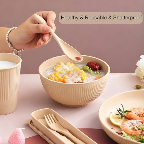 Wheat Straw Bowls Set, 26 oz Unbreakable Soup Bowls, Lightweight Anti-Scald Cereal Bowls, Microwave & Dishwasher Safe for Ramen, Salad, Oatmeal & Rice - color: Beige