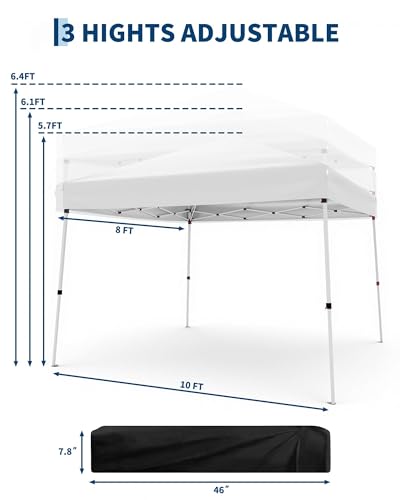 10x10ft Pop Up Canopy Tent with Slant Legs – Outdoor Instant Gazebo Shelter, UV-Resistant Waterproof Cover, Adjustable Height, Carrying Bag – 8x8ft Shade for Patio, Beach, Garden, Events - color: White