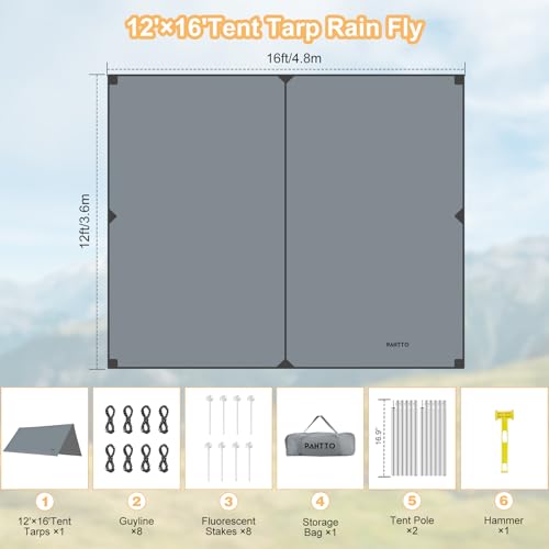 Camping Tarp with Poles, 16x12 Ft Camping Canopy, Waterproof Tent Tarp, Rain Shelter for Camping, Picnic,Beach, Outdoor Activities, Extra Large, Lightweight and UV Resistant, Extra Large, Grey
