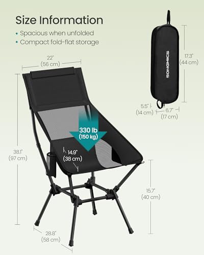 SONGMICS Camping Chair, Lightweight Folding Beach Chair, Adjustable Height, Steel Frame, Portable for Outdoor Travel - color: Black, style: Highback（22.8"D x 22"W x 38.1"H)