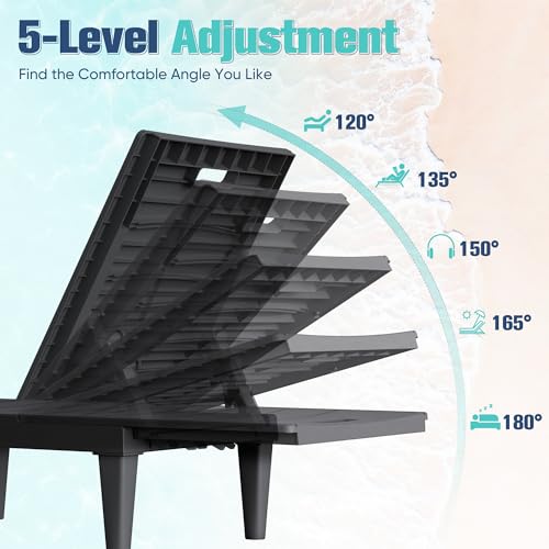 Devoko Outdoor Chaise Lounge Chair Set of 2 with 5-Position Adjustable Back, Waterproof & Lightweight PP Lounge Chairs for Outside Pool Patio (Black) - color: Black, size: 72 in Depth