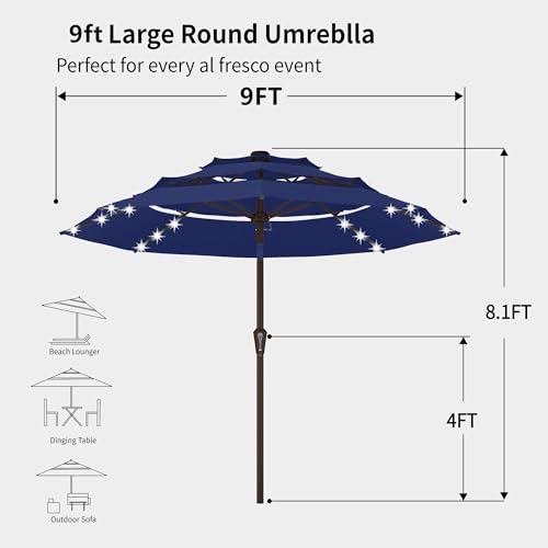 Kingdura 9ft 3-Tier Patio Umbrella with Solar Lights, Table Umbrella Outdoor Patio with Easy Crank & Tilt, 8 Sturdy Ribs, UV Protection, 32 LED Lights for Deck, Poolside, Market (Navy blue) - color: Blue-LED, size: 9 FT