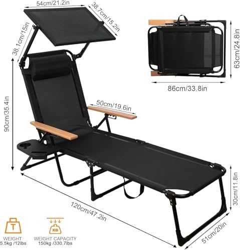 Folding Lounge Chair with Canopy, Tanning Chair with 4-Position Reclining Back, Folding Sun Lounger, Outdoor Lounge Chair for Beach, Poolside, Backyard, Camping, UPF 50+ Sun Shade, 300 LBS - color: Black With Sun Protection