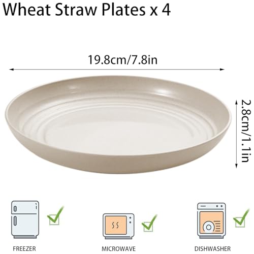 4 Pcs Unbreakable Wheat Straw Dinner Plates, 7.8 Inch Reusable Plastic Plates, Lightweight Plates for Kitchen Camping Dessert Salad, Microwave & Dishwasher Safe (Beige) - color: Beige