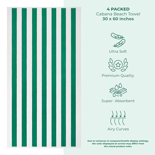 American Soft Linen Cabana Striped Beach Towels, 30x60 inch 4 Piece Oversize Pool Towels, Quick Drying Sand Free Swim Towels, Moss Green - color: Green