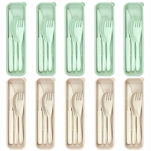 10 Set Reusable Travel Utensils Set with Case,Wheat Straw Travel Cutlery Set Portable Knife Fork Spoons Tableware Picnic Silverware for Party, Picnic, Camping, Kitchen, Camping-Beige&Green - color: Beige&Green