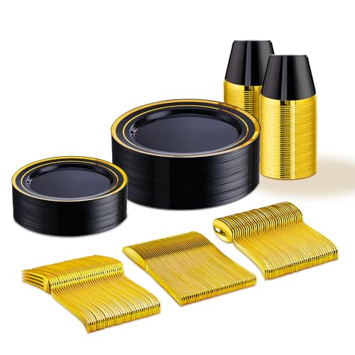 WELLIFE 150 PCS Black and Gold Disposable Dinnerware Set, Plastic Plates for Party, Including 25 Dinner Salad Plates, Cups, Forks Knives Spoons for New Year Party Supplies - color: Black/Gold, size: 25 Guests