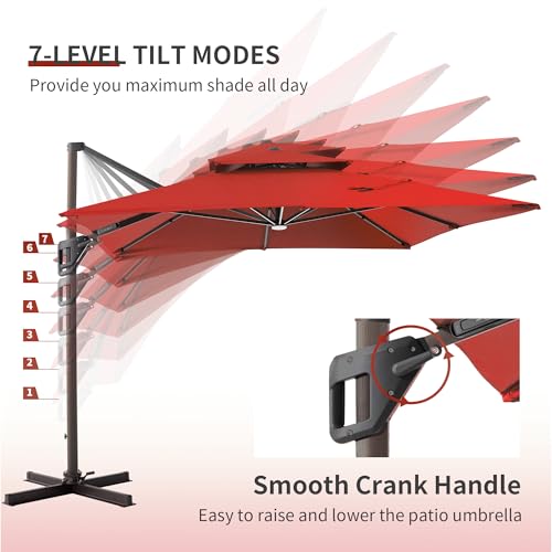 JZAC & QZYD 9x12 FT Outdoor Cantilever Patio Umbrella with LED Lights, Large Heavy Duty 2-Tier Aluminum Offset Umbrellas with 360-Degree Rotation for Pool Deck, Red - color: Red, size: 9'×12'