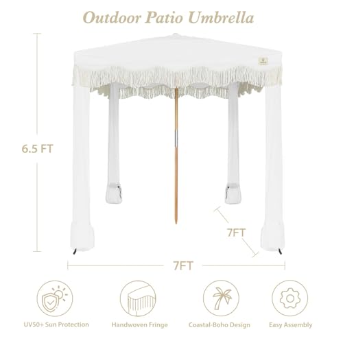 AMMSUN Beach Cabana with Fringe, 7' x 7' Boho Beach Canopy with Tassels, Easy Set up & Premium Wood Pole, Cabana Tent with Sand Pockets, Instant Sun Shade for Sand, Garden, Patio, Elegant White - color: Elegant White