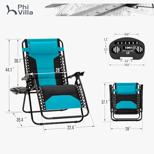 PHI VILLA Zero Gravity Chair Set of 2, Padded Anti Gravity Recliner, Oversized 28" Wide Seat, Foldable Patio Lounger with Armrest & Cup Holder, Supports 400 LBS (Aqua) - color: Aqua