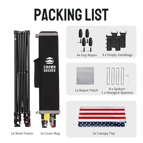 CROWN SHADES 10x10 Pop Up Canopy - Patented Center Lock One Push Instant Outdoor Canopy Beach Tent with STO-N-Go Bag 8 Stakes & 4 Sand Bags，American Flag - style: American flag