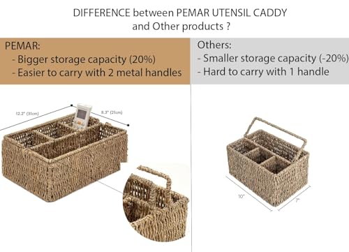 PEMAR Large L-Sized Hand Woven Utensil Caddy Carrier, Natural Jute Wicker Condiment Holder for Table, Kitchen Set Counter Top Silverware Organizer, Rustic Storage for Forks, Spoons, Seagrass