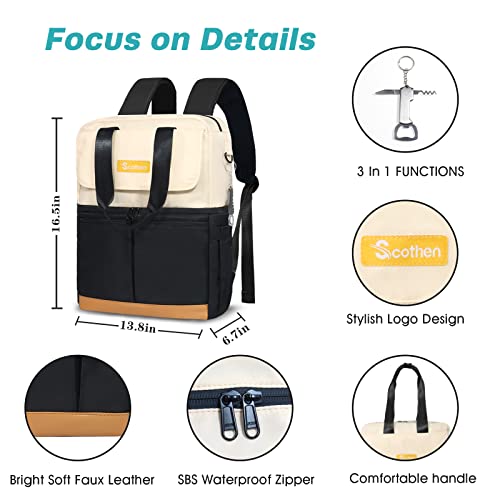Scothen Backpack Cooler with Double Decker & 12 Ice Packs- Keeps 36 Cans Cold for Up to 24 Hours- Waterproof & Leak Proof Insulated Cooler Backpack- Stylish Cooler Bookbag for Women Travel Work Beach - color: Black