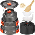 10 PCS Camping Cookware Set, Camp Pot Pan Kettle Plastic Bowls Soup Spoon, Lightweight Aluminum Outdoor Cooking Set with Drawstring Storage Bag for Backpacking Hiking RV Trip