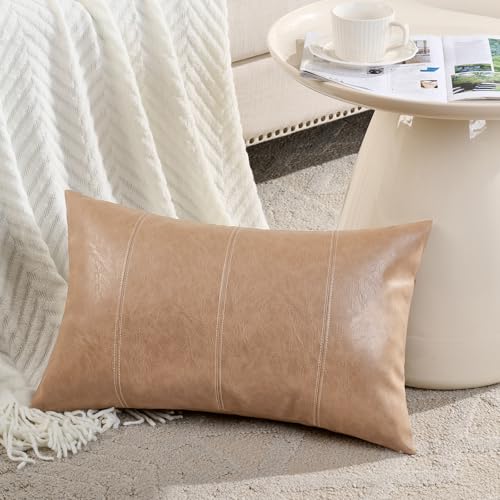 Fancy Homi 2 Packs Tan Long Lumbar Waterproof Faux Leather Decorative Throw Pillow Covers 14x20 Inch for Outdoor Couch Bed, Beige Hand Stitched Cushion Case 35x50 cm, Taupe Modern Farmhouse Home Decor - color: Tan, size: 20" x 14" (Pack of 2)