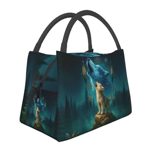 Mystic Wolf Reusable Lunch Box,Mystical Night Forest and Animal Lunchbox for Men Boys,Insulated Lunchbag,11in*6.3in*6.7in,Gifts Makeup Bag,Portable Handbag for Picnic Work Travel Hiking - color: Wolf