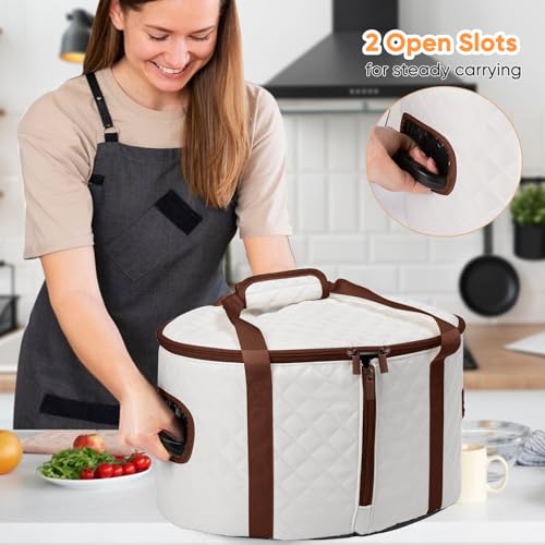 BAGSPRITE Slow Cooker Carrying Case Compatible with 6-8 Quart Crockpot Carrier for Hot Food and Hamlton Beach Slow Cooker Tote with Lid Fastener for Crock-pot Dust Cover Applicances - color: Ivory