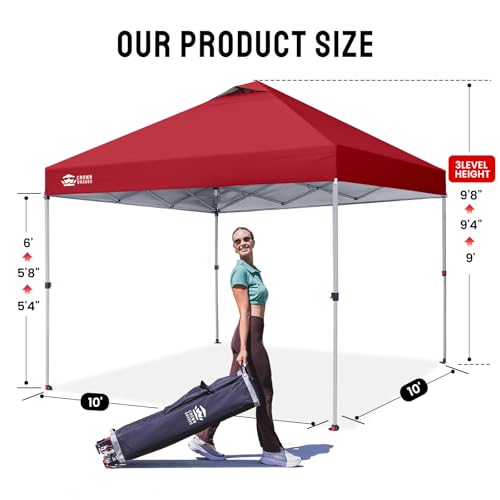 CROWN SHADES 10x10 Pop Up Canopy - Beach Tent with One Push Setup - Easy Outdoor Sun Shade for Events, Parties, Camping - Gazebo with STO-N-Go Cover Bag, Silver Coated Top, Red - color: Red, size: 10x10