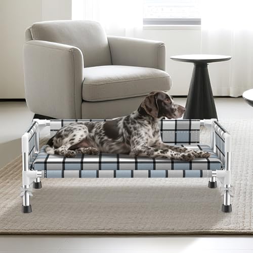 Elevated Raised Outdoor Dog Bed - Cooling Washable Dog Cot with Guardrail, Durable & Breathable Cotton Mesh Pet Hammock Beds with Stainless Steel Pipe Frame for Small Pets (Cushion-(M-)) - size: Cushion-(M-)