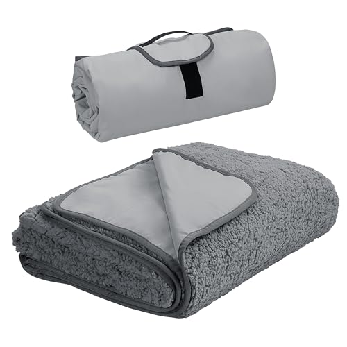 Tirrinia Large Waterproof Outdoor Blanket, Soft Warm Windproof Stadium Blanket with Sherpa Fleece and Foldable for Outdoor Sport, Baseball, Football, Beach, Concerts, Car - color: Light Grey, size: 59" x 79"