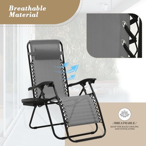 Athena Collection Zero Gravity Outdoor Lounge Chair Set of 2 with Side Table, 25" Width Pool Lounge Lawn Chairs Reclining with Cup Holder, Outdoor Chaise for Beach Patio Backyard Outside, Grey - color: Grey, style: 25" Width