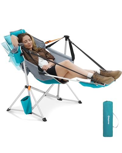 KingCamp Hammock Chair with Footrest – Heavy Duty Swinging Rocking Camping Chairs for Adults up to 400lbs, Folding Portable Oversized Rocker with Cup Holder & Pillow for Outdoor Beach Lawn RV Sports - color: Footrest Deluxe Cyan/Grey