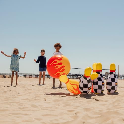 Hot Wheels & FUNBOY Inflatable Checkered Flame Kids Backyard Bowling Set with Large Ball and Six Bowling Pins
