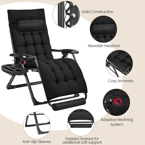 Yaheetech 26" Zero Gravity Chair Folding Reclining Lounge Recliner with Removable Pad & Headrest & Side Cup Holder Tray for Indoor and Outdoor Black/1 - color: Black, size: 26"