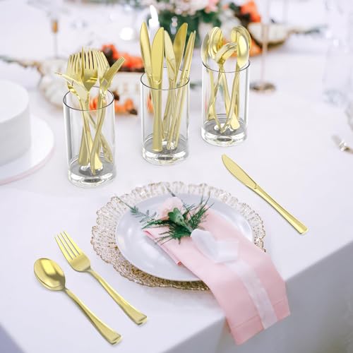 Dealusy 200 Count Heavy Duty Gold Plastic Silverware, 100 Forks, 50 Spoons, 50 Knives, BPA-Free, Heat Resistant, Disposable Plastic Utensils Set Cutlery Set, Plasticware Bulk - color: Gold