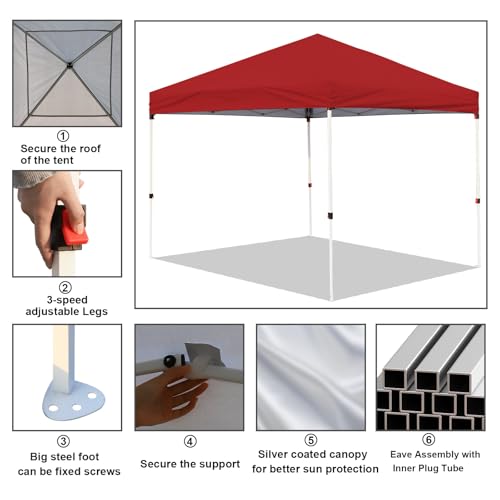 Northroad 10x10ft Pop Up Canopy, Popup Outdoor Canopy Tent with Wheeled Carrying Bag,Portable Gazebo Shelter for Patio,Deck,Garden,Beach（Red） - color: Red, size: 10x10