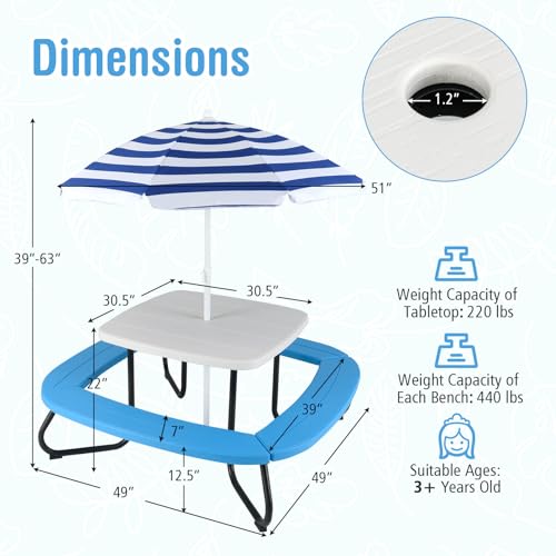 HONEY JOY Kids Picnic Table, 8 Person Toddler Outdoor Table and Chair Set, 4 Built-in Benches, Removable Umbrella, Metal Frame & HDPE Top, Children Outdoor Furniture for Backyard Patio Garden (Blue) - color: Blue