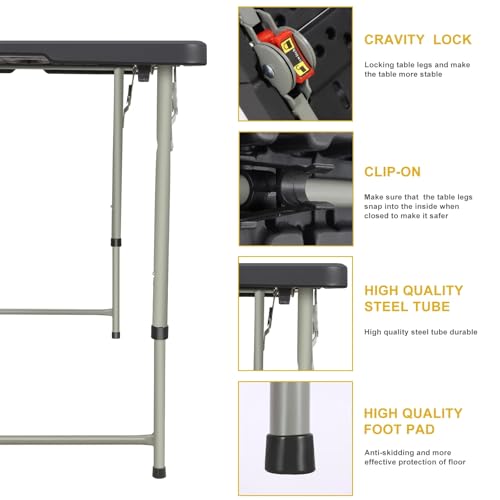 Folding Table 4 Foot Portable Heavy Duty Plastic Fold-in-Half Utility Table Small Indoor Outdoor Adjustable Height Folding with Carrying Handle, Camping and Party Black - color: Black, size: 4Ft