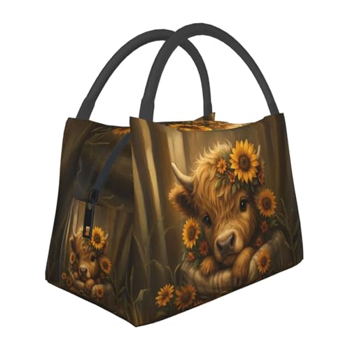 Rustic Highland Cow Reusable Lunch Box,Cute Calf Sunflower Lunchbox for Women Farm Animal Lovers,Insulated Lunchbag,11in*6.3in*6.7in,Gifts Makeup Bag,Portable Handbag for Picnic Work Travel - color: Highland Cow