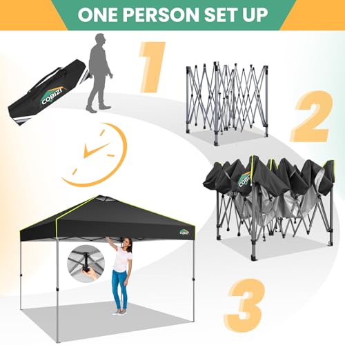 COBIZI 10x10 Pop Up Canopy Tent, Outdoor Party Tent Without Sidewall One Push Setup Glow, 3 Adjustable Height Air Vent Waterproof UPF50+, Bag, 4 Sandbag, 8 Stake, 4 Rope for Beach, Commercial - color: Black, size: 10x10