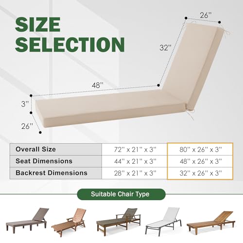Chaise Lounge Cushions Outdoor, 80x 26x 3 Inch Waterproof & Fade-Resistant Lounge Chair Cushion, Outdoor Chaise Cushion with Removable Cover & Ties for Lawn, Patio, Pool & Beach, Beige - color: Beige, size: 80x26+3"