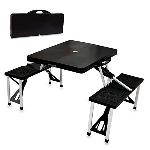 Picnic TIME Portable Folding Picnic Table with Seats for 4, Collapsible Aluminum Table with Benches & Umbrella Hole, Lightweight Foldable Table for Camping, Travel, Backyard, Tailgating | with Umbrella Hole - color: Black