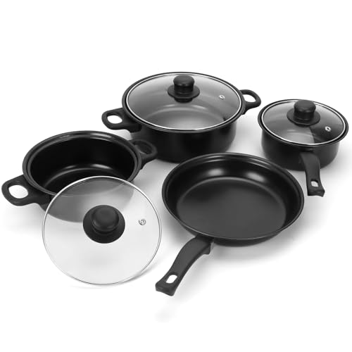 Non-Stick Cookware Set, 13 Piece Set Portable Lightweight Cast Iron Pots and Pans with Glass Lids and Nylon Utensils for Outdoor Camping Picnic Travel Cookware Black