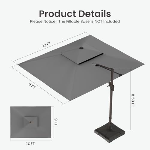 9x12 FT Cantilever Patio Umbrella with Base and Led Lights Double Top Outdoor Rectangular Large Heavy Duty Aluminum Offset Umbrellas with 7 Level Tilt 360-degree Rotation for Pool Garden Deck, Grey - color: Grey, size: 9' X 12'-with Light & Base