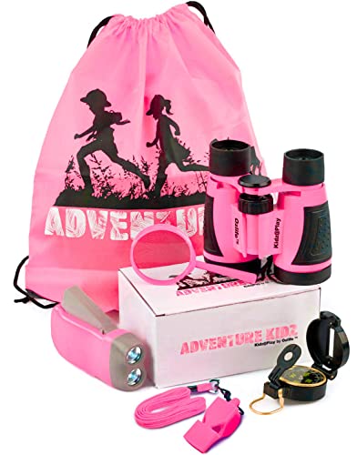 Adventure Kidz - Outdoor Exploration Kit, Children’s Toy Binoculars with Case, Flashlight, Compass, Fox Whistle, Magnifying Glass, Backpack. Great Gift Set for STEM, Pretend Play - color: Pink