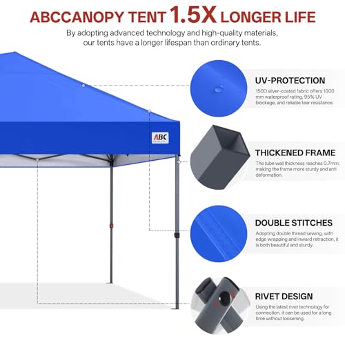 ABCCANOPY 10x20 Pop Up Canopy Tent, Easy Setup Instant Shelter with Wheeled Bag, Heavy Duty Outdoor Canopy for Beach, Market, Backyard, UV Protection, Outdoor Weather Protection (Royal Blue, 10x20) - color: Royal Blue, size: 10x20