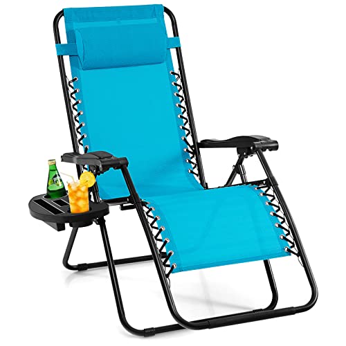 Giantex Zero Gravity Reclining Chair, Outdoor Patio Recliner with Cup Holder & Removable Pillow, Adjustable Backrest, Indoor Lounge Chair for Backyard, Garden, Poolside (Blue) - color: Blue, size: 1 Count (Pack of 1)