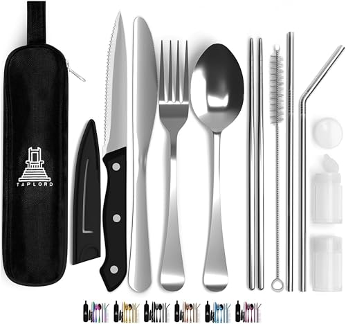 Taplord Portable Travel Silverware Set With Case, Includes 10 Pcs of Travel Utensils With Case, Stainless Steel Flatware Set For Camping, Lightweight (Silver) - color: Silver, size: 10 Pieces