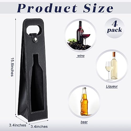 Abbylike 4 Pcs Wine Tote Bag Reusable Leather Wine Carrier Tote Purse Case Holder Single Bottle Champagne Beer Gift Bags Carrier for Valentine's Day Wedding Birthday(Window Style, Black)
