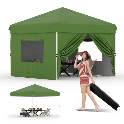 GarveeLife 10x10 Pop Up Canopy with 4 Sidewalls - Easy Up Camping Tent with One Button Push Setup - 1 Roller Bag, 3 Adjustable Height, 4 Weight Bags for Deck, Garden, Sports, Beach, Party - Green - color: Green