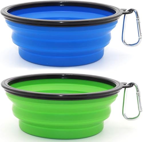 Large Dog Bowl Pet Collapsible Bowls, 2 Pack Collapsible Dog Water Bowls for Cats Dogs, Portable Pet Feeding Watering Dish for Walking Parking Traveling with 2 Carabiners (Large, Blue+Green) - color: Blue+Green, size: Large