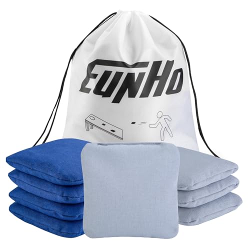 EunHo Cornhole Bags Set of 8 Regulation Size & Weight Corn Hole Bean Bags Official Professional All Weather for Tossing Game with Carry Case - color: Blue/Grey