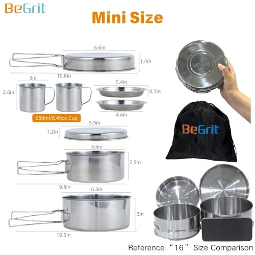 BeGrit Backpacking Camping Cookware Mini Picnic Camping Cooking Mess Kit with Pot and Pan Set for Hiking - color: Silver 8pcs