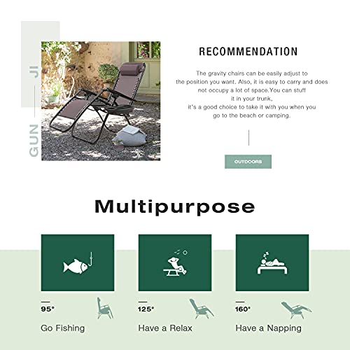 GUNJI Zero Gravity Chair Outdoor Lawn Folding Lounge Chairs Adjustable Reclining Patio Chairs Set of 2 with Cup Holder Lounge Gravity Chairs for Poolside, Backyard, Beach and Camping (Brown) - color: Brown