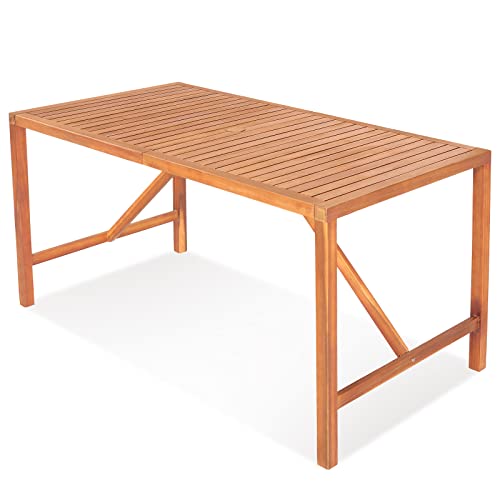 Tangkula 55" Acacia Wood Outdoor Dining Table for 4-6 Person, Rectangular Patio Dining Table with 2" Umbrella Hole and Support Bars, Indoor Outdoor Dining Furniture for Deck, Garden, Poolside & Yard - size: 55"