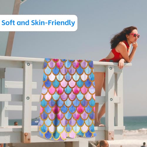 Beach Towel,Watercolor Mermaid Golden Fish Scales Lightweight Compact Sand Free Quick Dry Oversized Pool Swimming Towels for Girls Women Adults,29.5"×59" - color: Watercolor Mermaid Golden Fish Scales